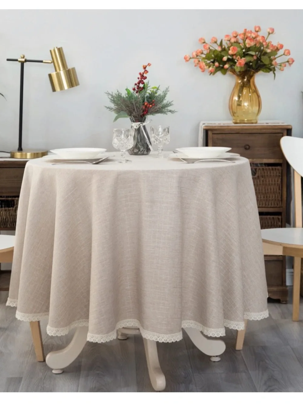 FARMHOUSE Rustic Tablecloth with Lace Trim 70” Round - BEIGE